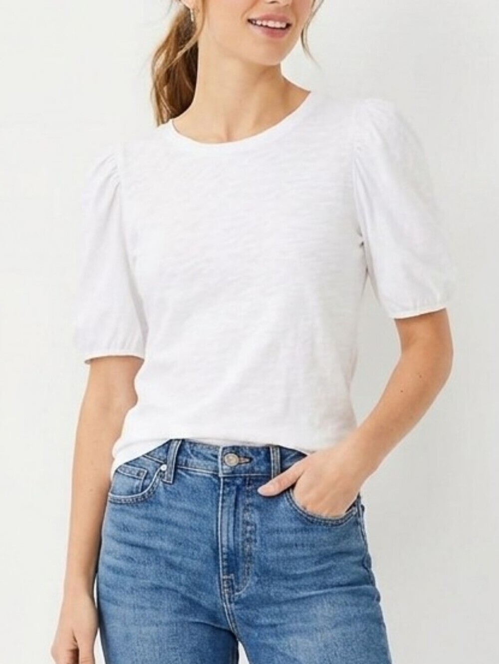 LOFT White Puff Sleeve Fitted Blouse